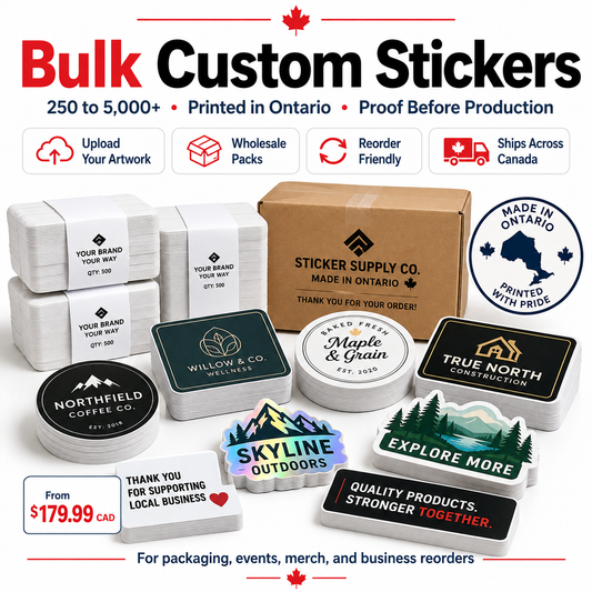 Stacks of bulk custom logo stickers in round, square and die-cut shapes, packs of 250 to 5,000 printed in Ontario, from $179.99 CAD