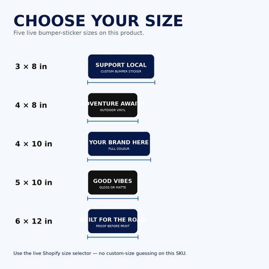Bumper sticker size guide from 3x8 to 6x12 inches — pick the size that fits your vehicle