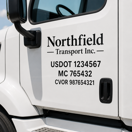 Close-up of legal name with USDOT and MC number lettering on a truck door