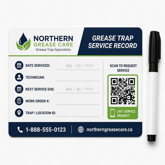 Sample grease trap service record label with writable service fields, contact details and QR service-request area