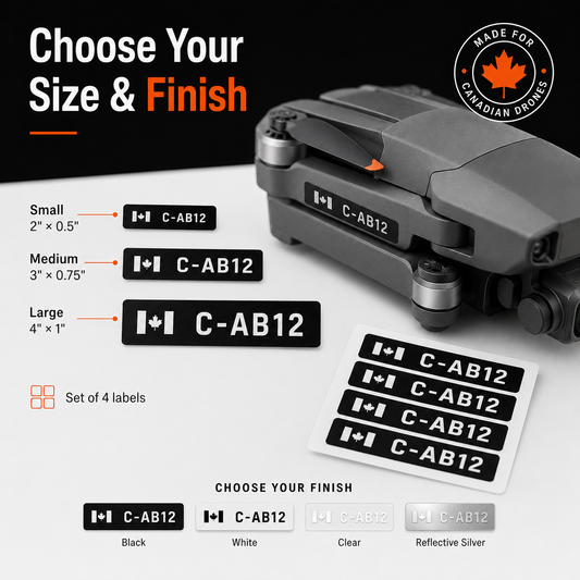 Drone label size and finish options in small medium and large formats