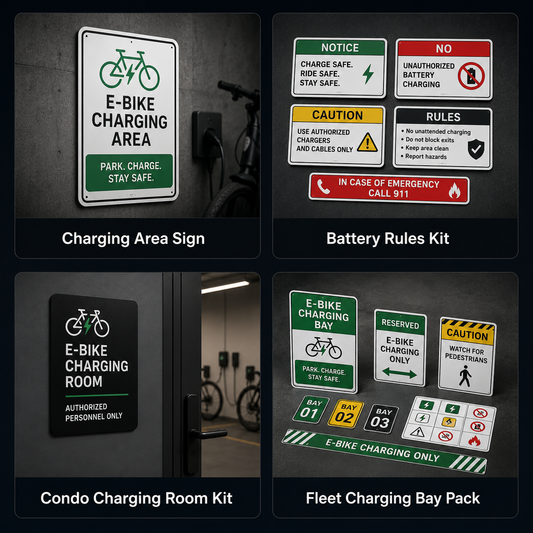 E-bike charging sign formats for walls doors posts and charging bays