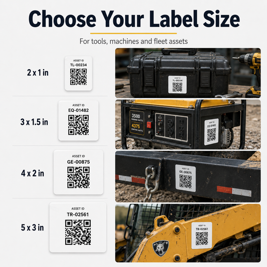 Equipment asset label size options 2 by 1 3 by 1.5 4 by 2 and 5 by 3 inches