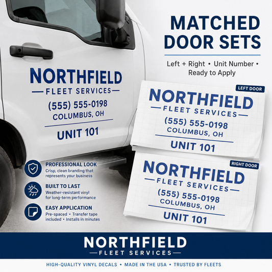 Matched left and right fleet truck door lettering sets with company details and unit number