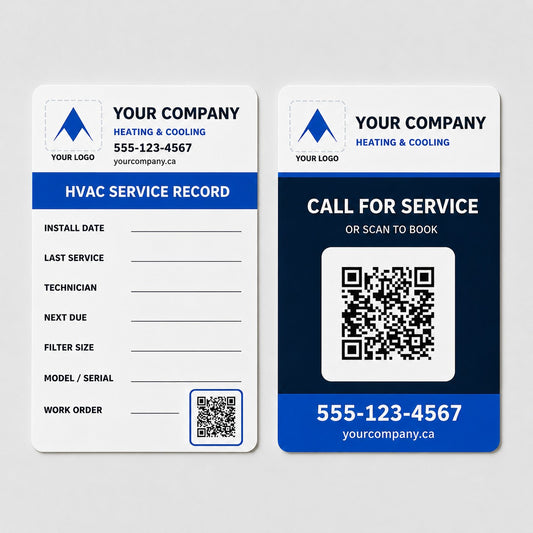 Sample matched HVAC sticker kit with an indoor furnace service record label and outdoor call-for-service QR decal