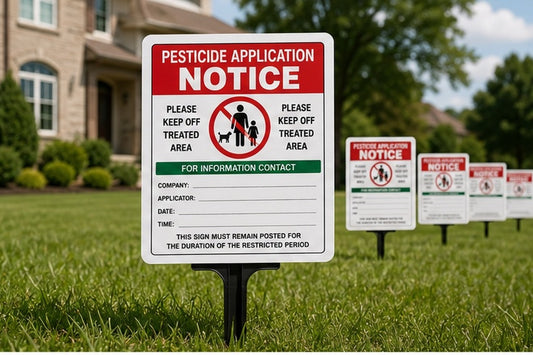 Pesticide application notice sign installed on a lawn with additional site markers in the background