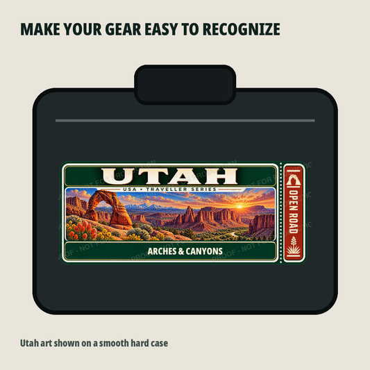 Utah Traveller Gear Tag shown on a smooth hard equipment case