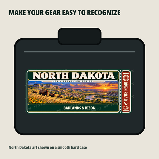 North Dakota Traveller Gear Tag shown on a smooth hard equipment case