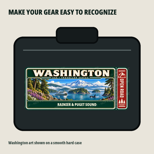 Washington Traveller Gear Tag shown on a smooth hard equipment case
