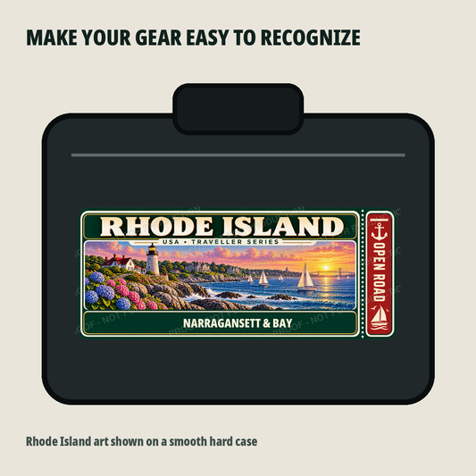 Rhode Island Traveller Gear Tag shown on a smooth hard equipment case