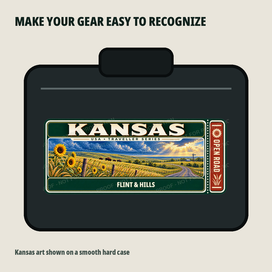 Kansas Traveller Gear Tag shown on a smooth hard equipment case