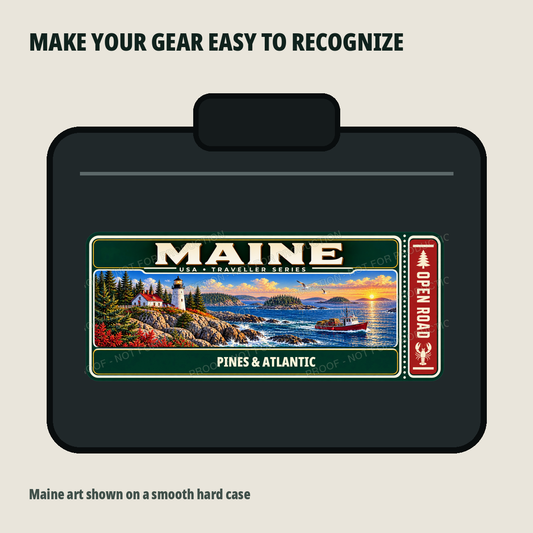 Maine Traveller Gear Tag shown on a smooth hard equipment case