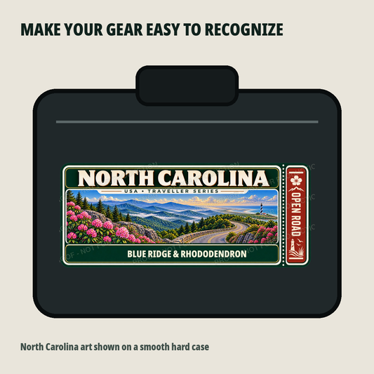 North Carolina Traveller Gear Tag shown on a smooth hard equipment case