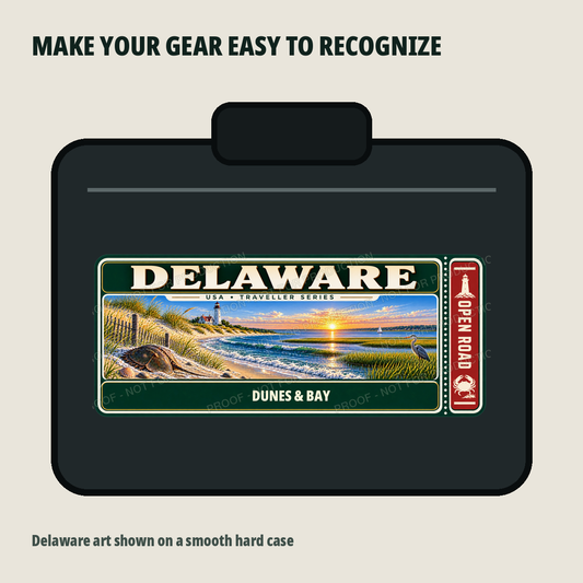 Delaware Traveller Gear Tag shown on a smooth hard equipment case