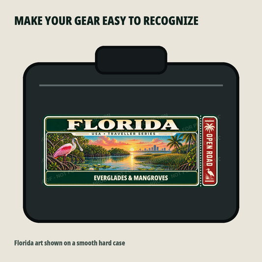 Florida Traveller Gear Tag shown on a smooth hard equipment case