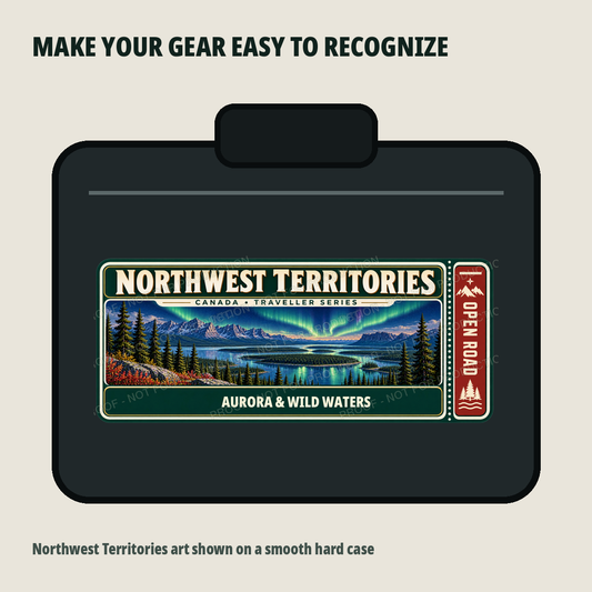Northwest Territories Traveller Gear Tag shown on a smooth hard equipment case