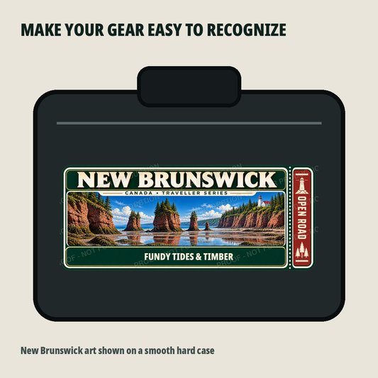 New Brunswick Traveller Gear Tag shown on a smooth hard equipment case