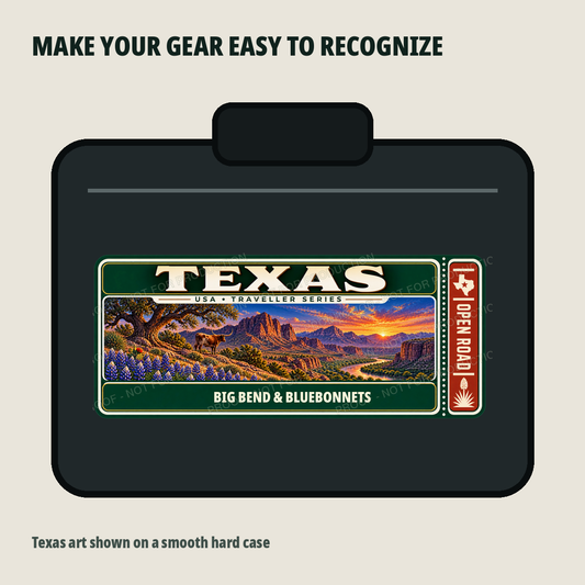 Texas Traveller Gear Tag shown on a smooth hard equipment case
