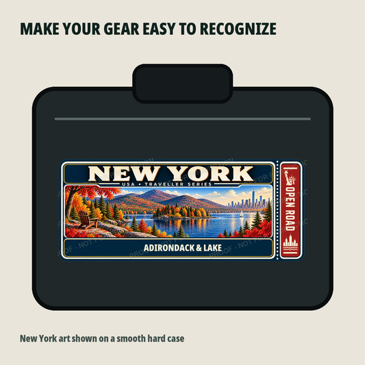 New York Traveller Gear Tag shown on a smooth hard equipment case