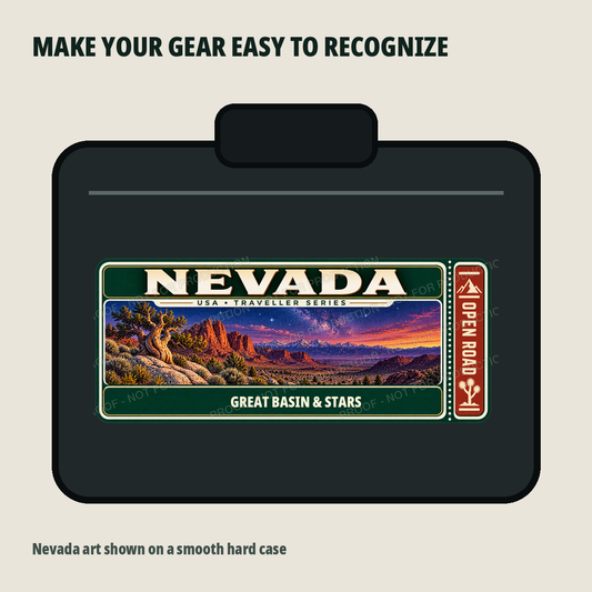 Nevada Traveller Gear Tag shown on a smooth hard equipment case