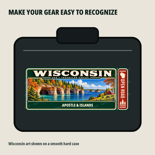Wisconsin Traveller Gear Tag shown on a smooth hard equipment case