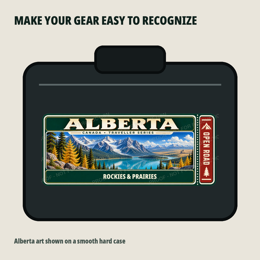 Alberta Traveller Gear Tag shown on a smooth hard equipment case