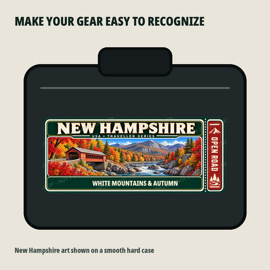 New Hampshire Traveller Gear Tag shown on a smooth hard equipment case