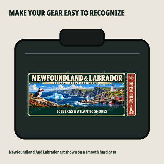 Newfoundland And Labrador Traveller Gear Tag shown on a smooth hard equipment case