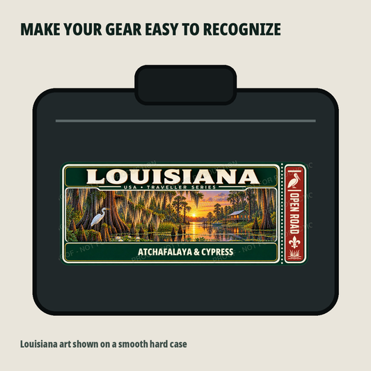 Louisiana Traveller Gear Tag shown on a smooth hard equipment case