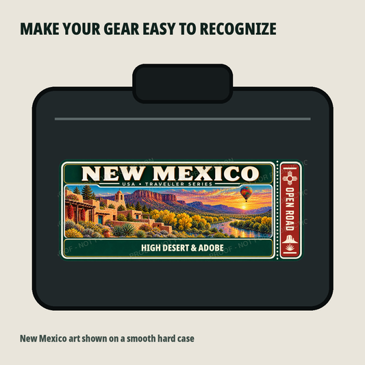 New Mexico Traveller Gear Tag shown on a smooth hard equipment case