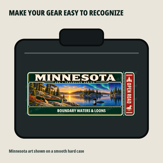 Minnesota Traveller Gear Tag shown on a smooth hard equipment case
