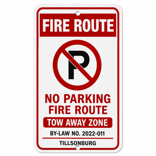 Fire route sign Ontario isolated on white background showing no parking, tow away zone and by-law text