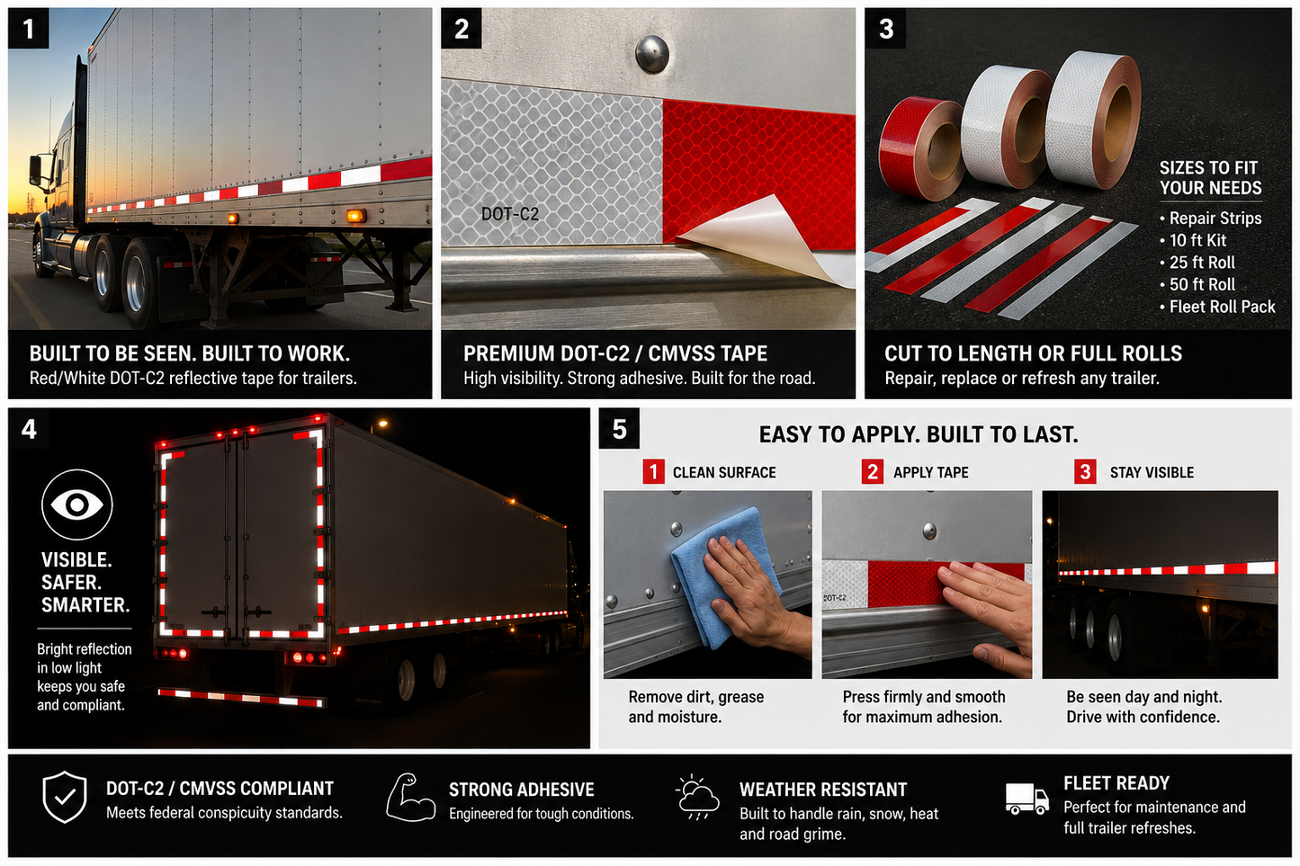 DOT-C2 reflective trailer tape product gallery showing trailer visibility, adhesive closeup, sizes, night reflection and install steps