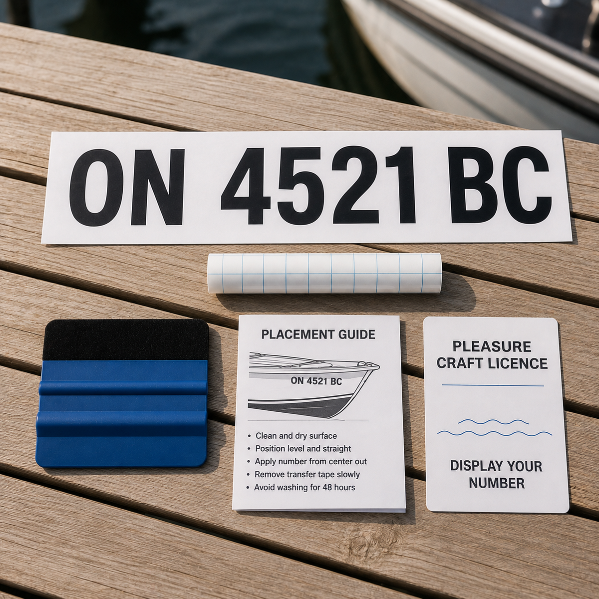 Illustrated boat number kit contents with cut numerals, transfer tape, squeegee and placement guide on a dock