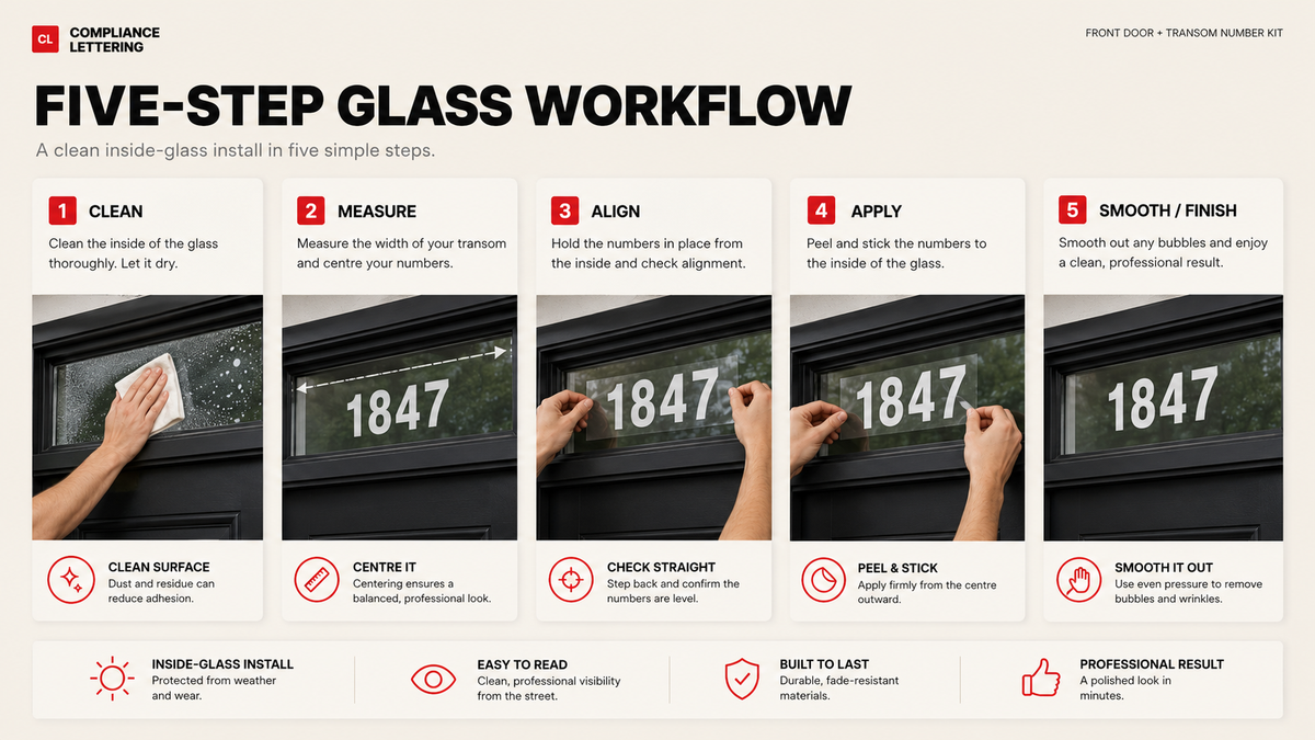 Five-step workflow for applying house numbers to glass
