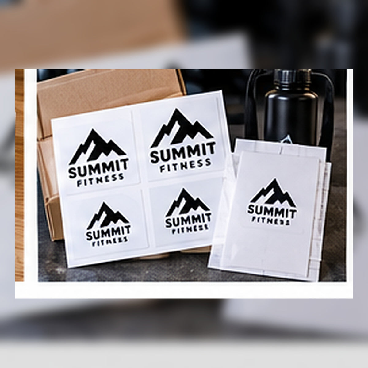 Gym member logo sticker pack shown with workout accessories.