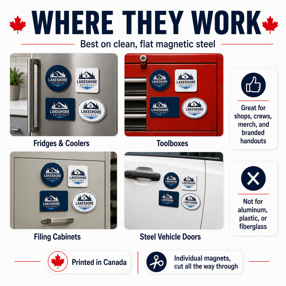 Custom logo magnets on clean flat magnetic steel including fridges, toolboxes and filing cabinets