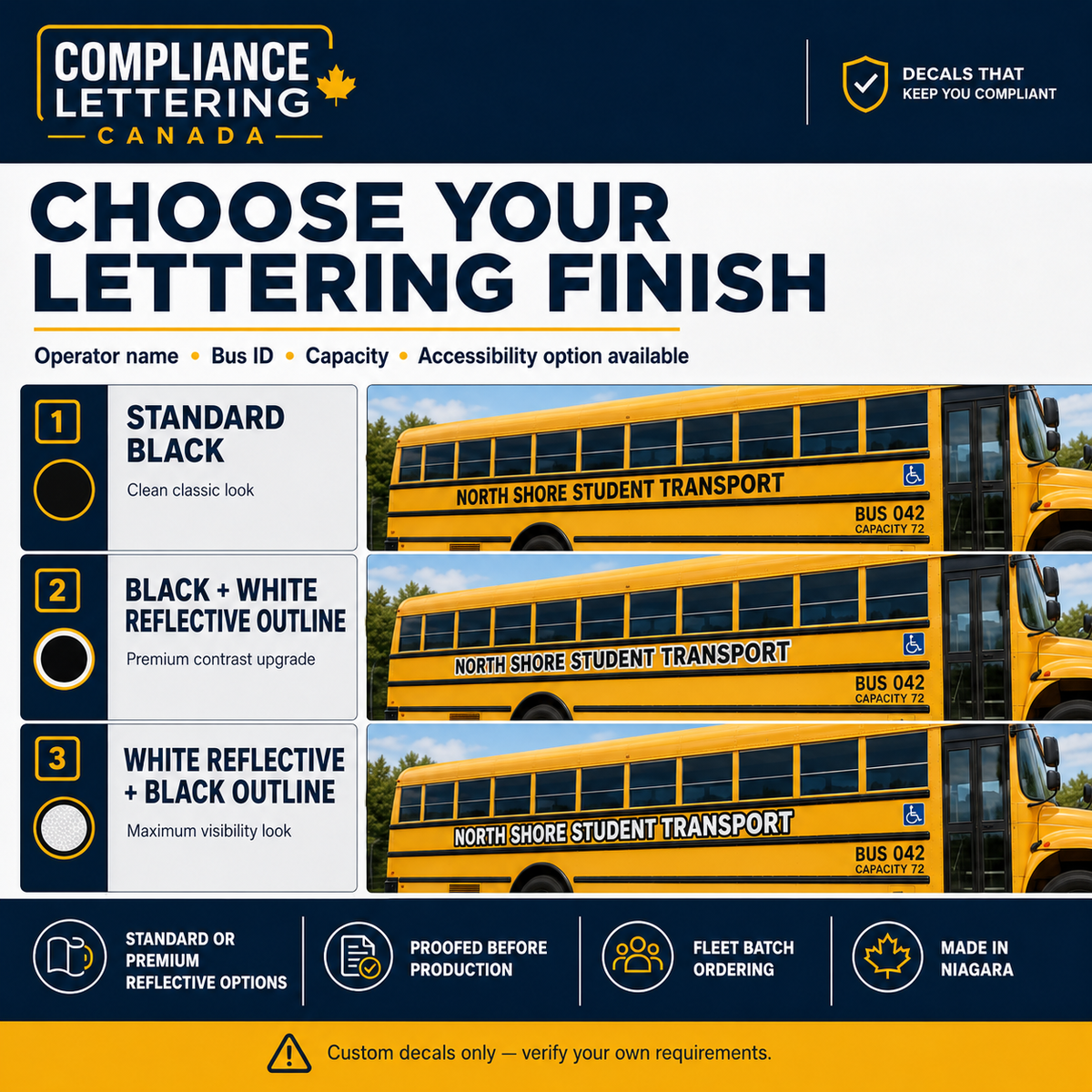 School bus lettering finish options showing Standard Black Black with White Reflective Outline and White Reflective with Black Outline