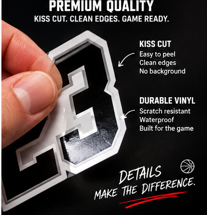 Close-up basketball name and number kiss-cut sticker showing clean finished edges.