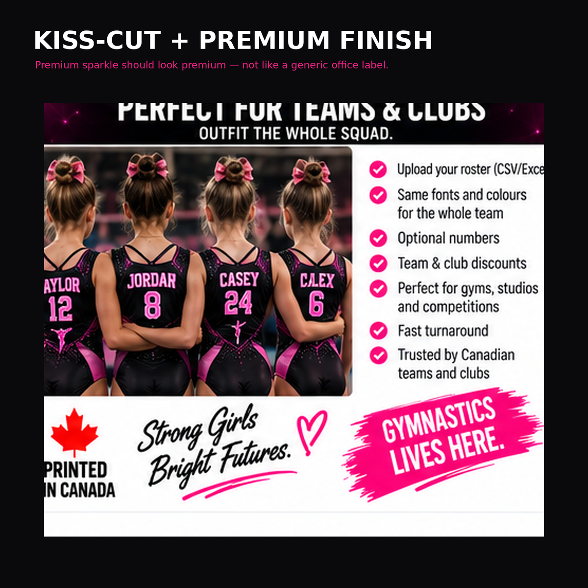 Close-up gymnastics kiss-cut name sticker with a premium easy-peel finish.