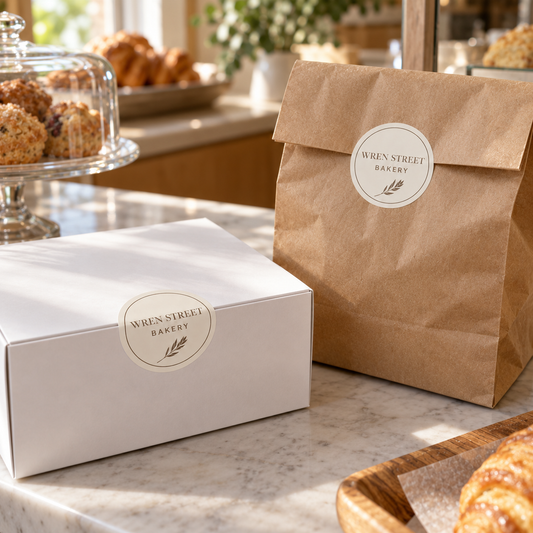 Wren Street Bakery seals on a white bakery box and a paper bag. - food labels for bakery and food packaging