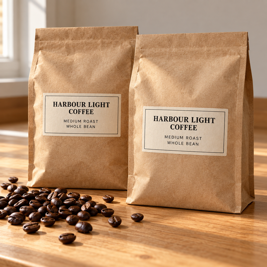 Two kraft coffee bags with ivory Harbour Light Coffee labels on a wooden counter.
