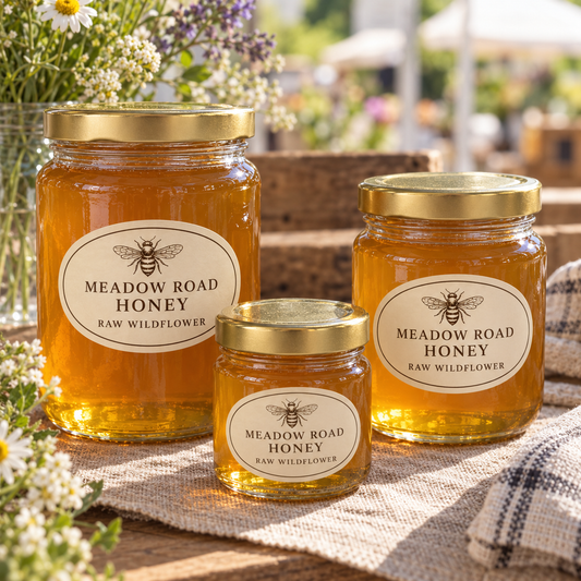 Three glass honey jars of different sizes with oval bee labels on a market table.