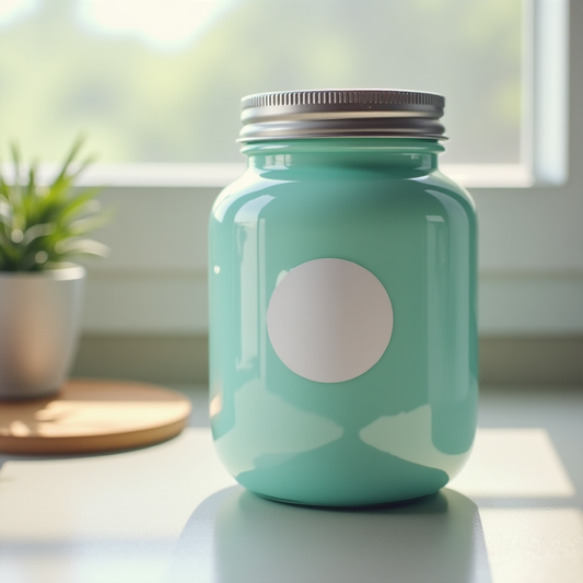 White round label on the front of a teal jar with a metal screw lid. - custom round labels for jars and packaging