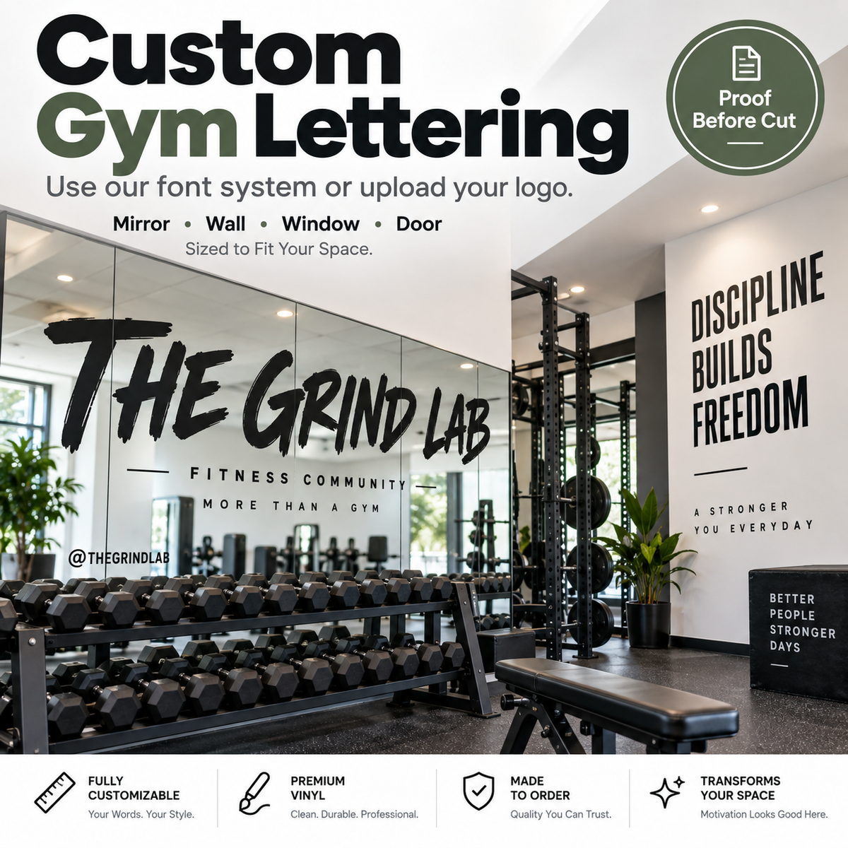 Custom cut vinyl gym lettering application 5/5