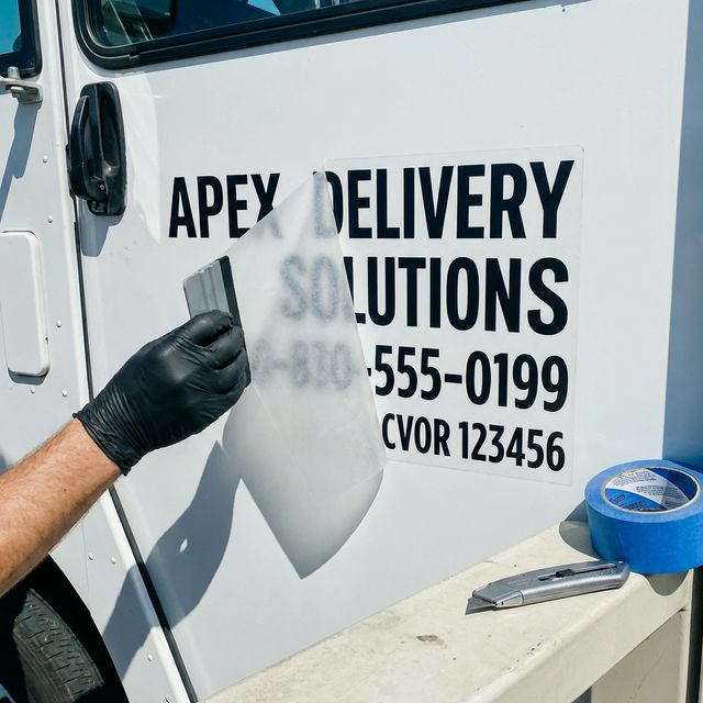 CVOR and USDOT lettering being installed on a commercial truck door