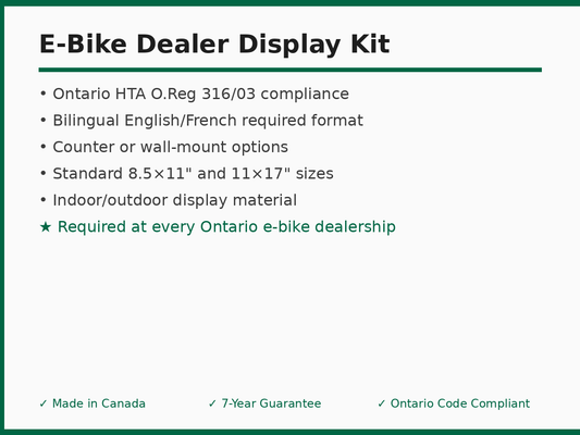 E-bike dealer compliance display kit Ontario spec card