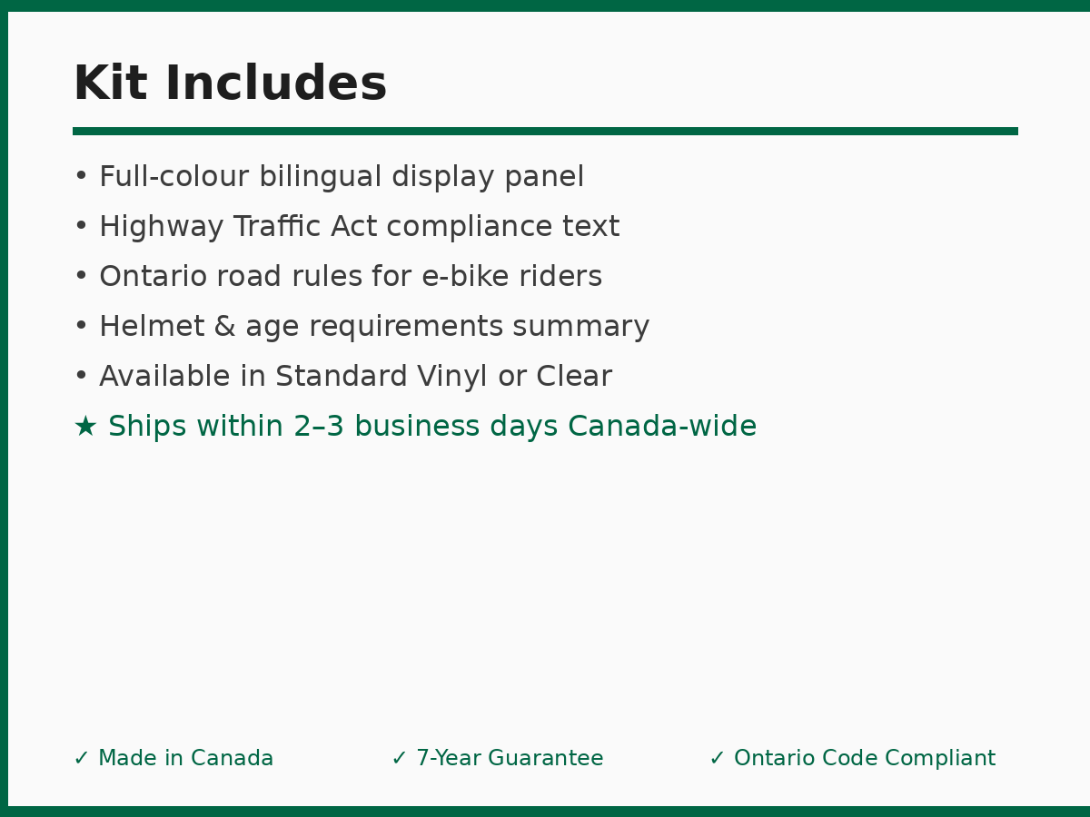 E-bike dealer display kit Ontario contents and shipping info