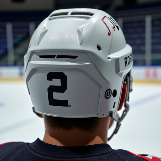 Hockey helmet with a white number 2 decal on the back