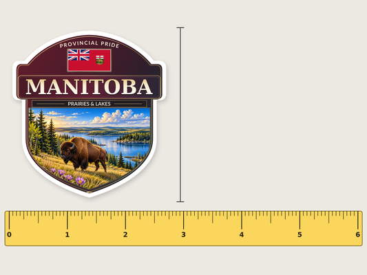 Manitoba badge decal, 3 in size beside a 6 in ruler